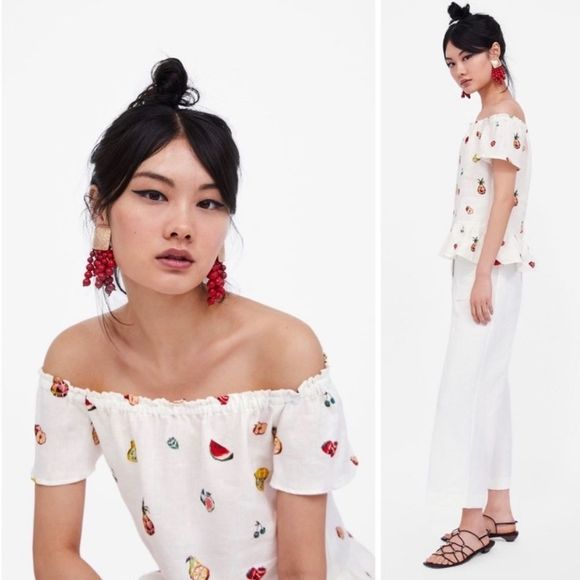 Zara Tops - ZARA | Off Shoulder 100% Linen Fruit Top Sz M